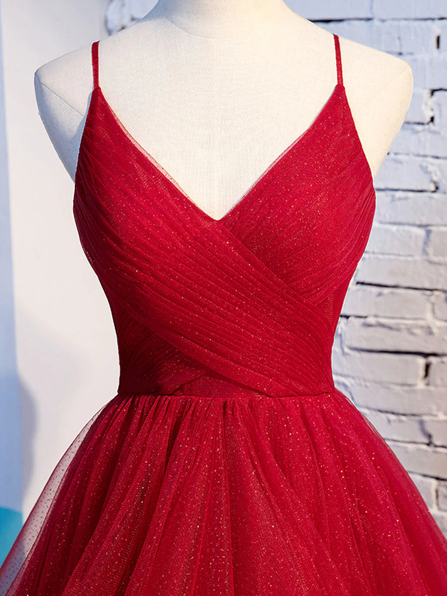 Vestidos de fiesta de corte A con volantes rojos, tirantes finos, escote en V, espalda descubierta, vestidos de noche largos