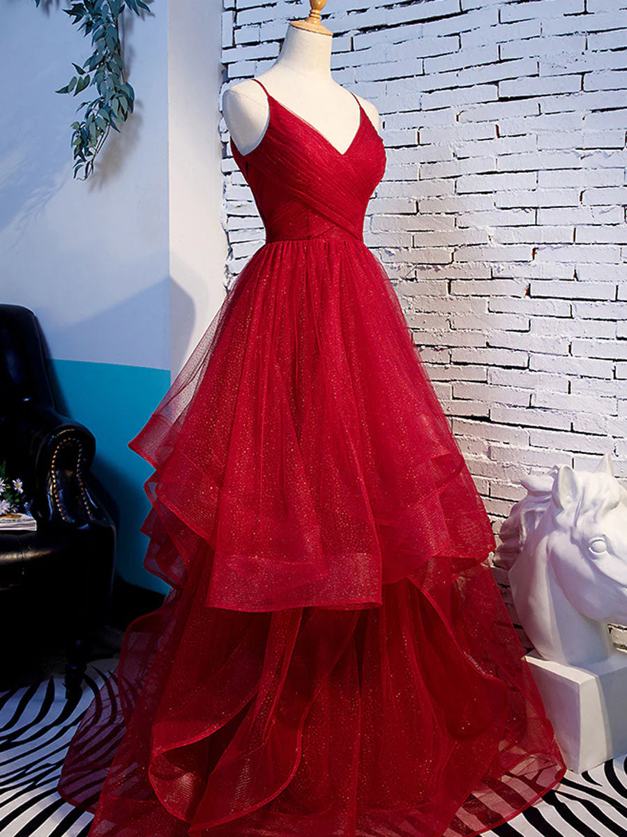 Vestidos de fiesta de corte A con volantes rojos, tirantes finos, escote en V, espalda descubierta, vestidos de noche largos