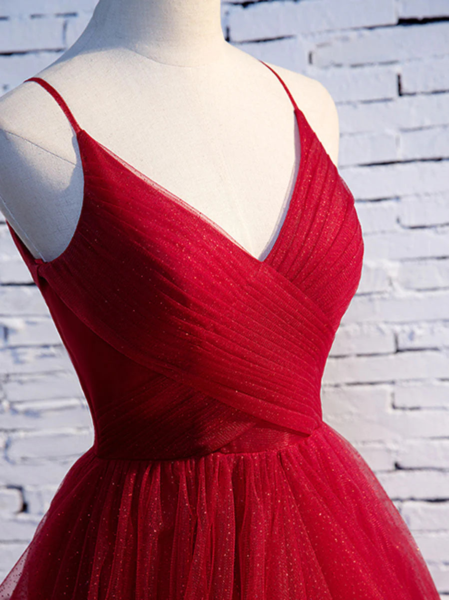 Vestidos de fiesta de corte A con volantes rojos, tirantes finos, escote en V, espalda descubierta, vestidos de noche largos