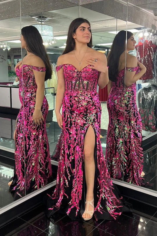 Vestidos de fiesta con hombros descubiertos, sirena, lentejuelas, faja y cola de barrido con abertura