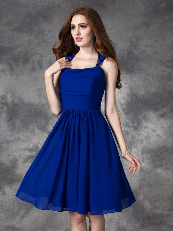 Vestidos de dama de honor cortos de gasa con corte A/princesa, volantes, sin mangas