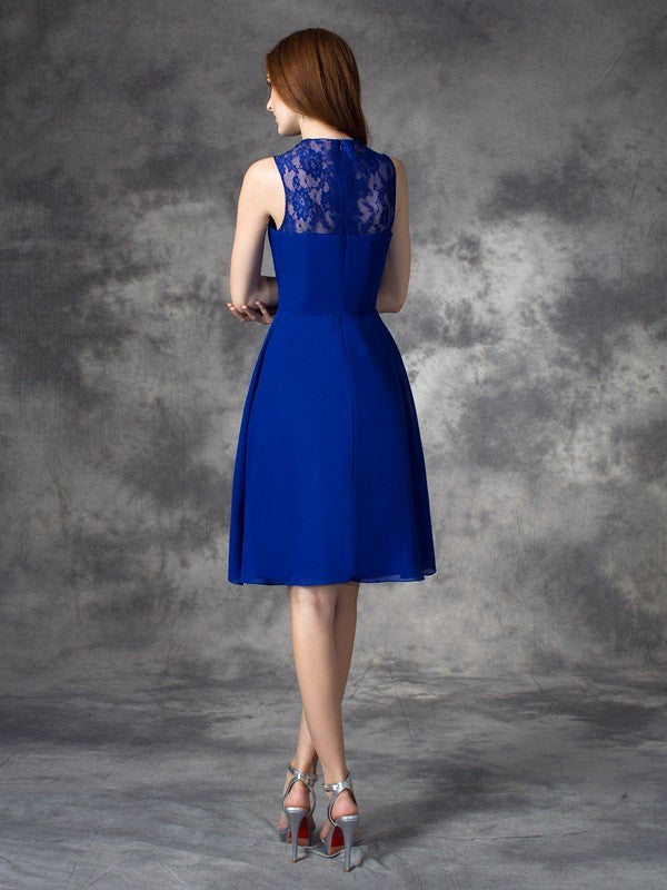 Vestidos de dama de honor cortos de gasa con corte A/princesa, volantes, sin mangas