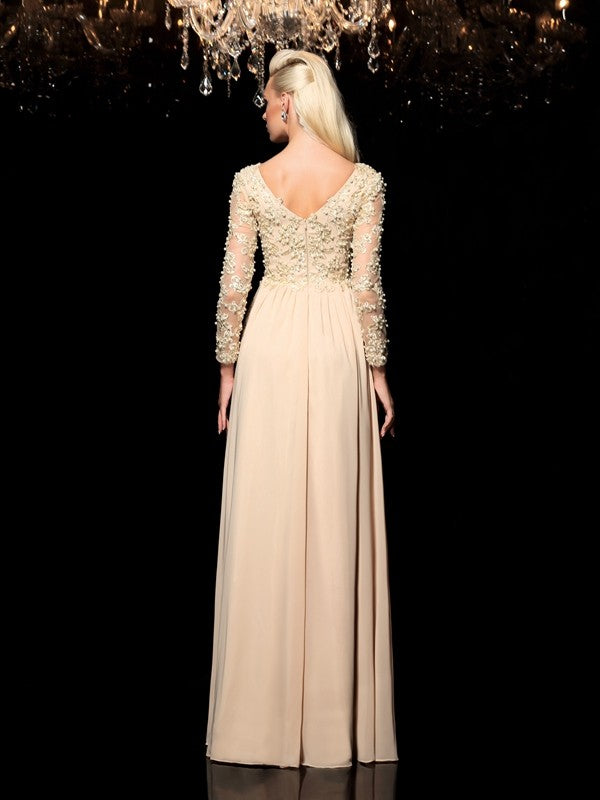 Vestidos largos de gasa con escote en V, corte A/princesa, apliques y mangas largas