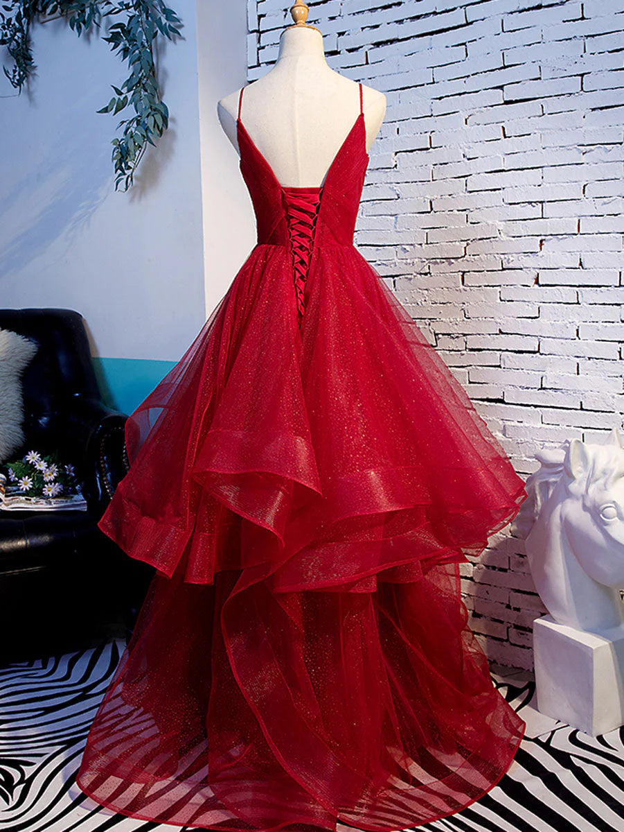 Vestidos de fiesta de corte A con volantes rojos, tirantes finos, escote en V, espalda descubierta, vestidos de noche largos