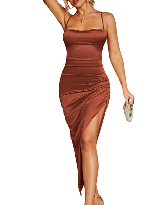 Amzcw - Vestido de satén con cordones y espalda descubierta para mujer, con abertura alta, dobladillo asimétrico, para club, elegante, midi, para fiesta de noche