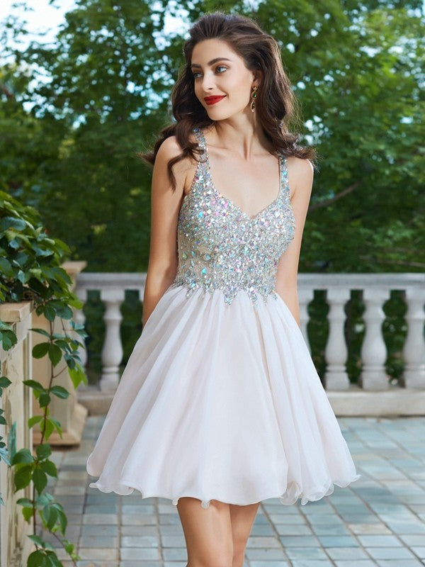 A-Line/Princess Rhinestone Straps Sleeveless Short/Mini Chiffon Dresses