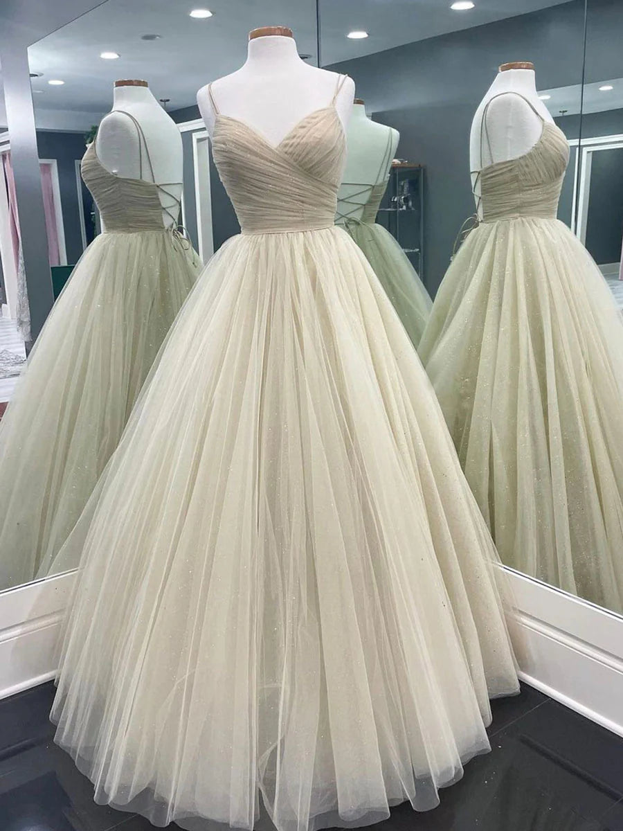 Amzcw Simple v neck champagne tulle long prom dress champagne evening dress formal wear dresses