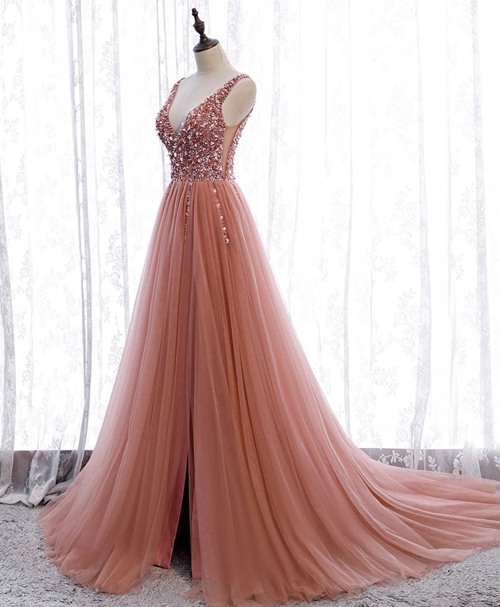 Vestidos de fiesta de corte A, rosa empolvado, largos, con lentejuelas, corpiño brillante, escote en V, vestido formal