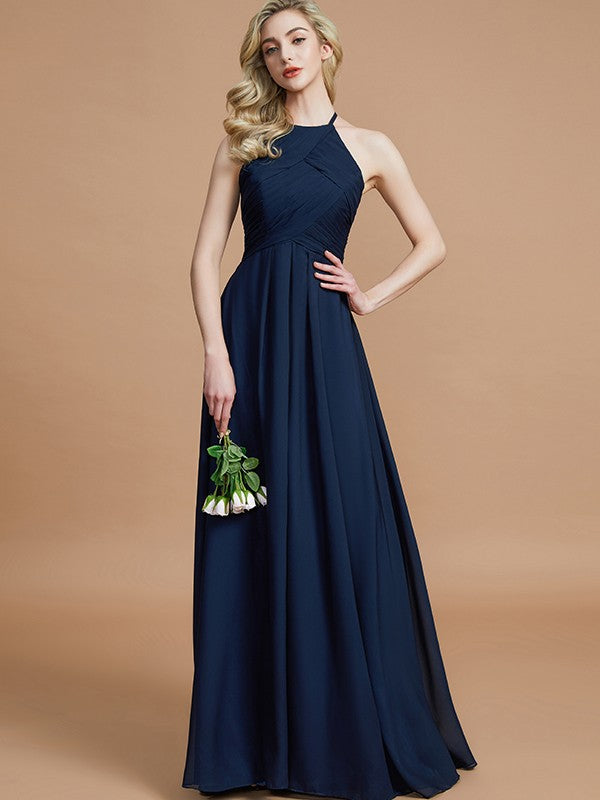 Vestidos de dama de honor de gasa con corte A/princesa, sin mangas, fruncidos y hasta el suelo