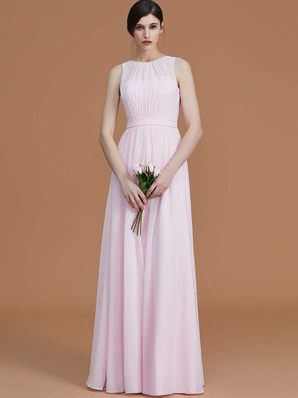 Vestidos de dama de honor de gasa fruncida, sin mangas, corte princesa, joya, largo hasta el suelo