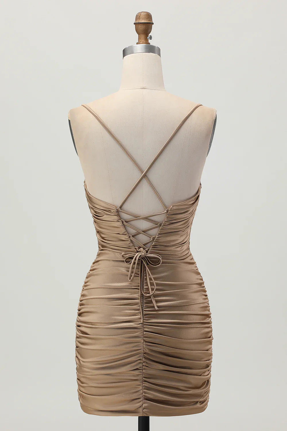 Fashion Short Dress Sparkly Dark Khaki Tight Spaghetti Strap Sweetheart Neckline Pleated Cut Out with Rhinestone Sleeveless Backless Hot Sale Homecoming Dress