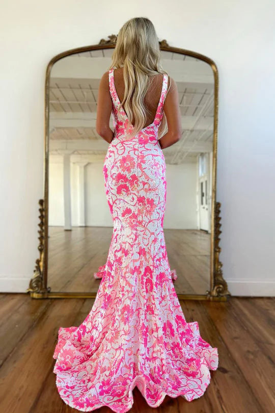 Vestido de fiesta largo con lentejuelas y escote en V de sirena
