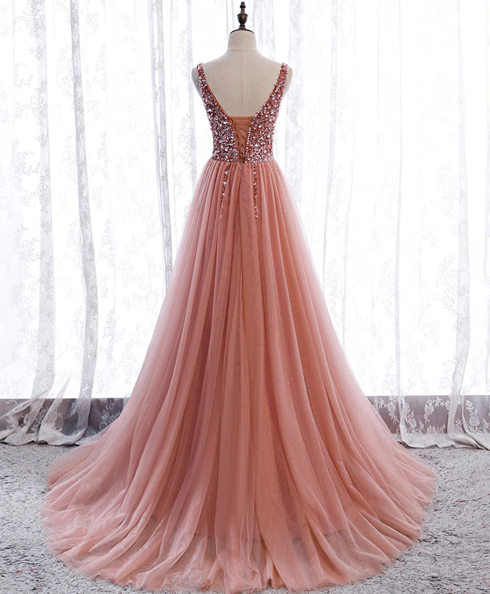 Vestidos de fiesta de corte A, rosa empolvado, largos, con lentejuelas, corpiño brillante, escote en V, vestido formal