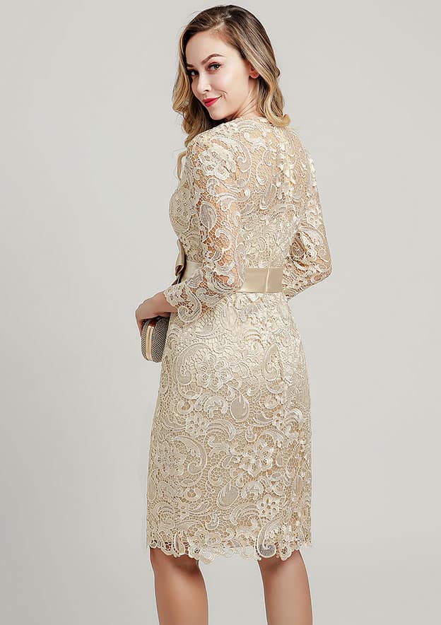 Wedding Guest Dresses Champagne Lace Vintage Elegant Sheath/Column Scoop Neck 3/4 Sleeve With Waistband Rhinestones Knee-Length Hot Sale Mother of the Bride Dress