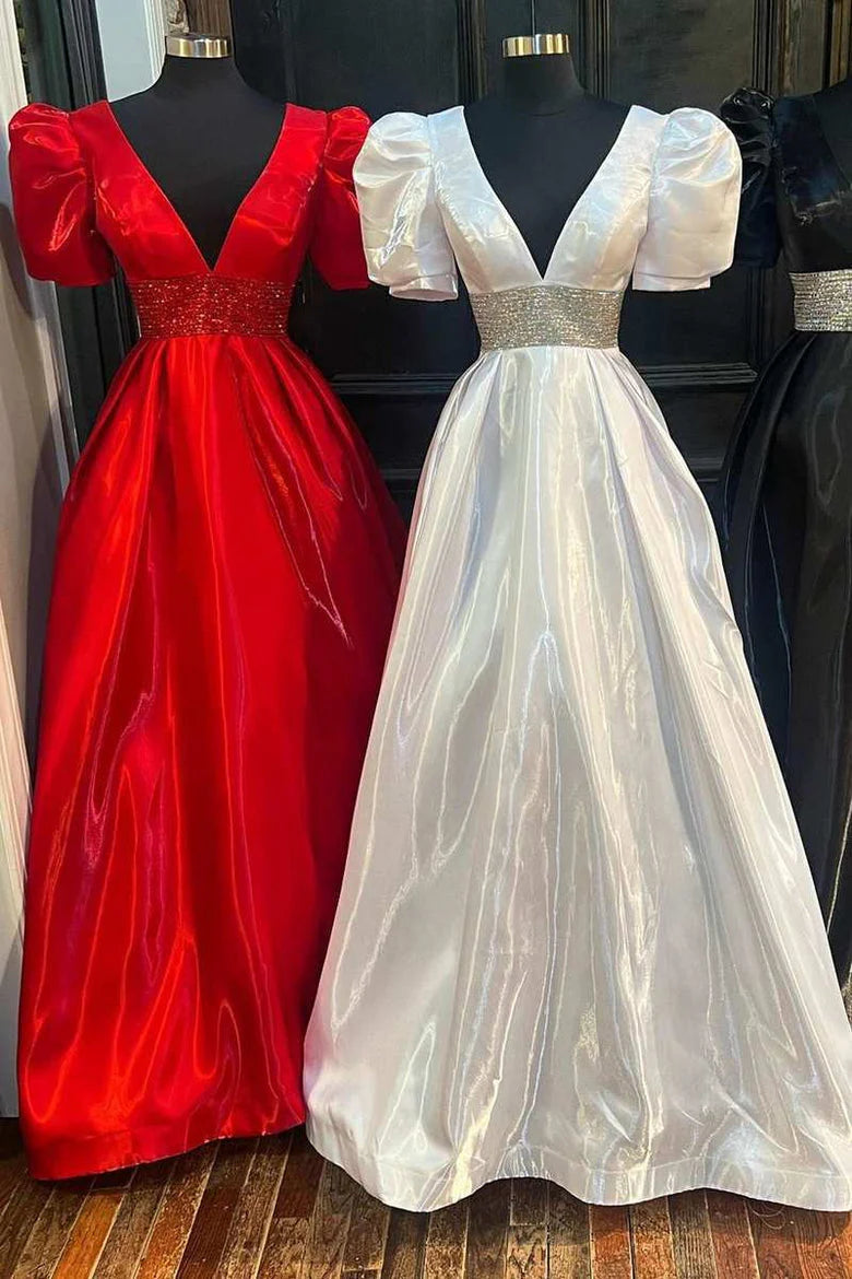 Vestido de fiesta largo con escote en V, corte A, cuentas y mangas abullonadas