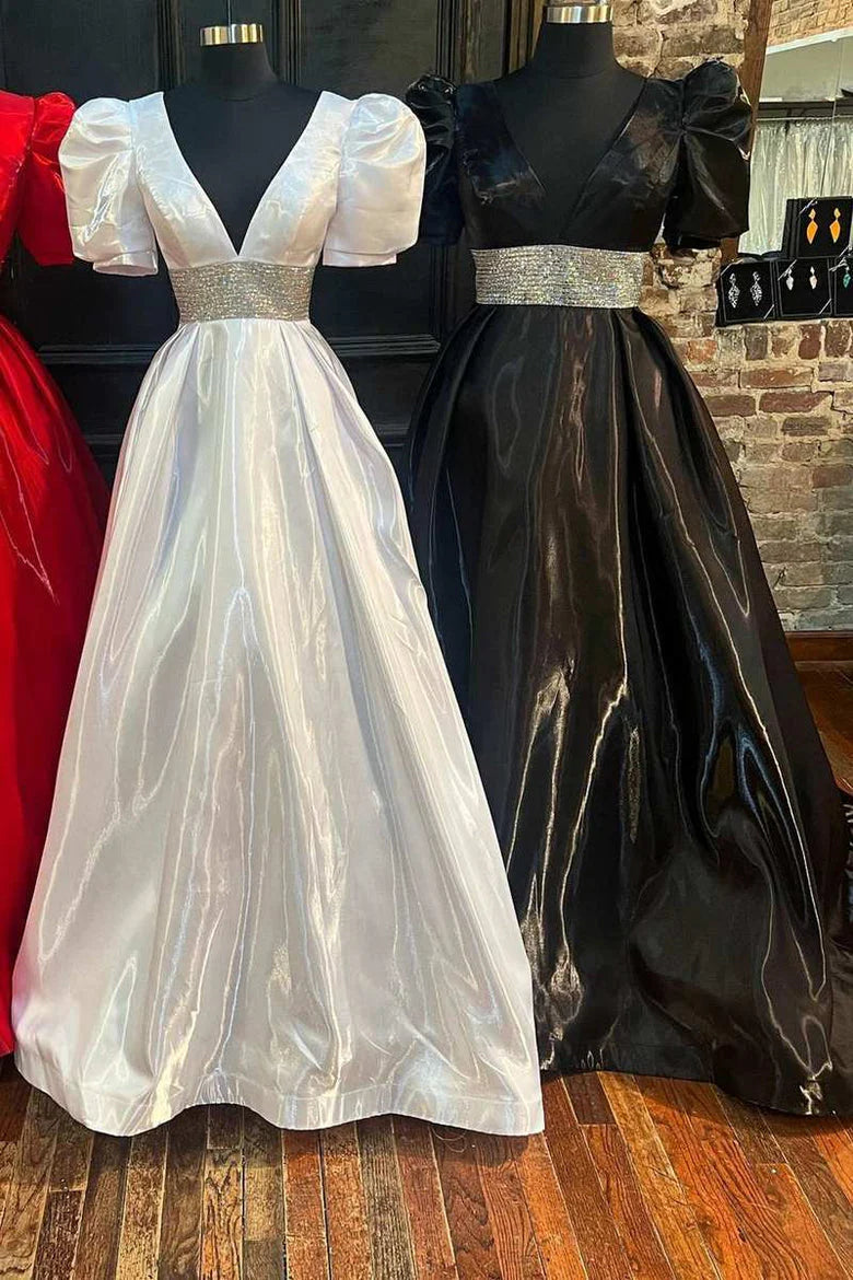 Vestido de fiesta largo con escote en V, corte A, cuentas y mangas abullonadas