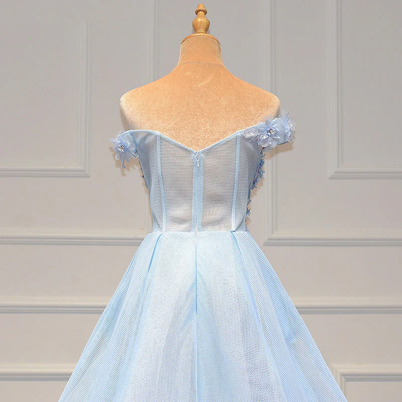 Vestidos de fiesta de tul con escote en forma de corazón y encaje, de corte A, en azul, con hombros descubiertos
