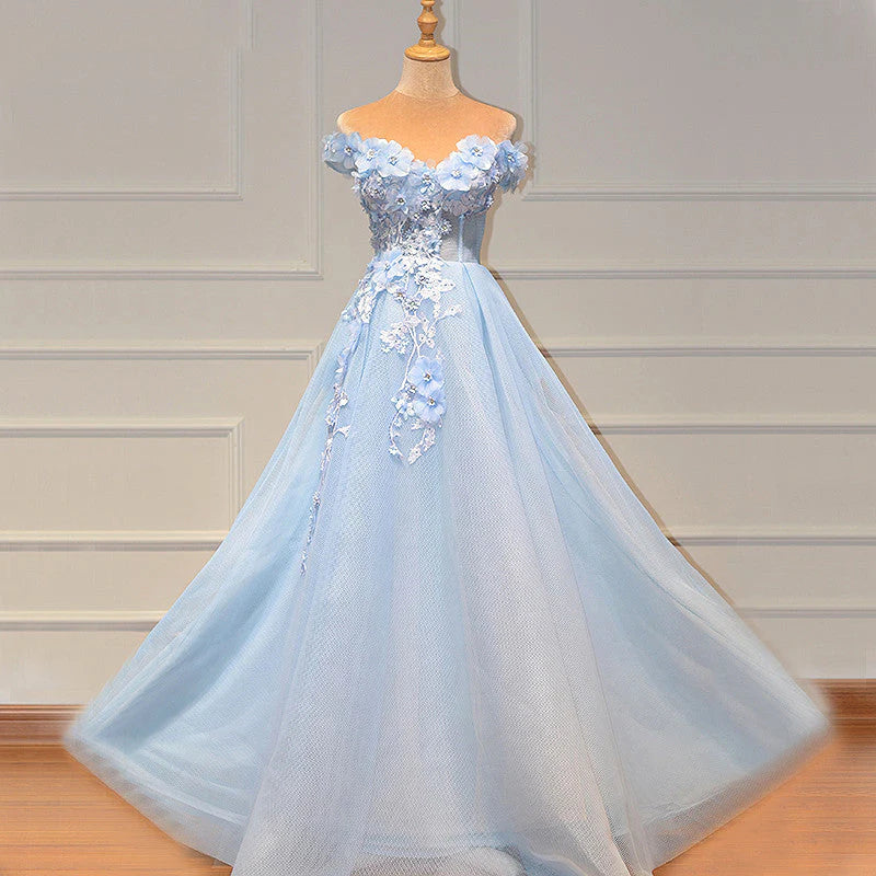 Vestidos de fiesta de tul con escote en forma de corazón y encaje, de corte A, en azul, con hombros descubiertos