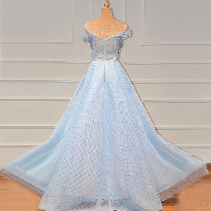 Vestidos de fiesta de tul con escote en forma de corazón y encaje, de corte A, en azul, con hombros descubiertos