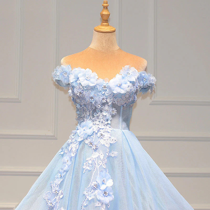Vestidos de fiesta de tul con escote en forma de corazón y encaje, de corte A, en azul, con hombros descubiertos