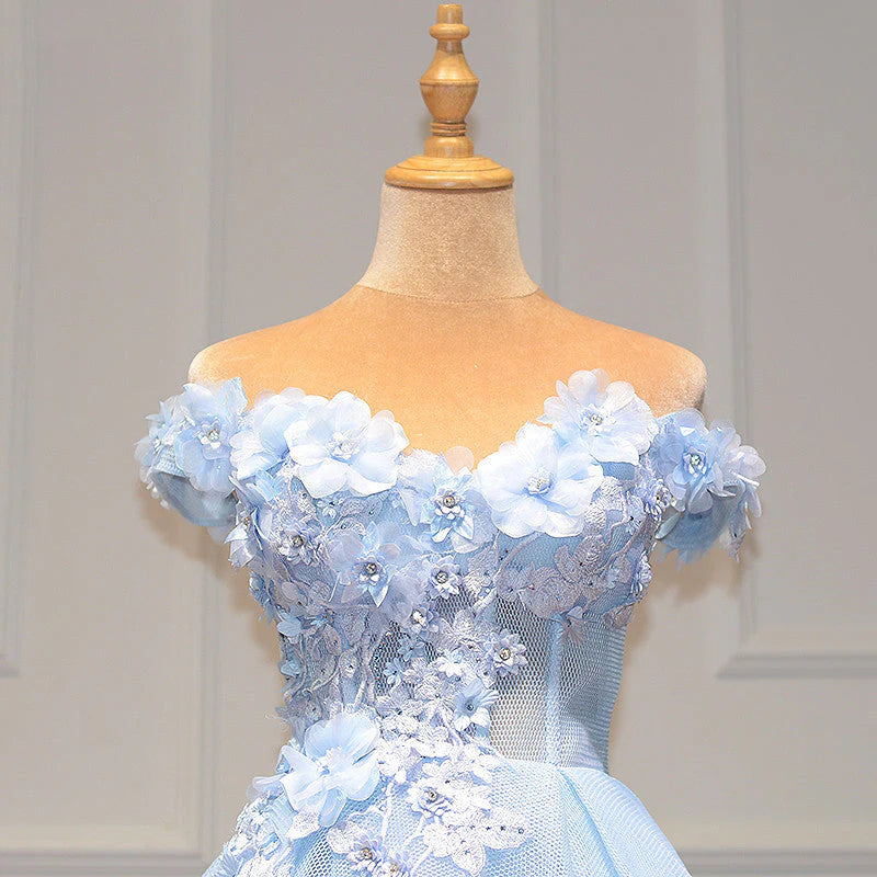 Vestidos de fiesta de tul con escote en forma de corazón y encaje, de corte A, en azul, con hombros descubiertos