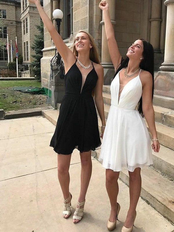 A-Line chiffon homecoming dress with ruffles and V-neck.