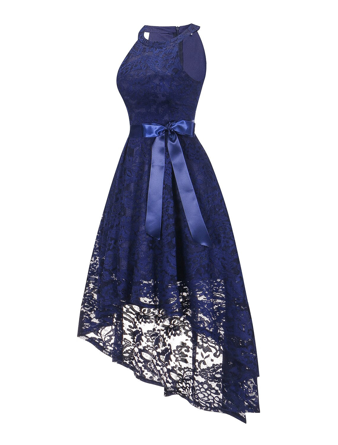 Another view of the model in the A-line halter lace dress, showcasing its flow.