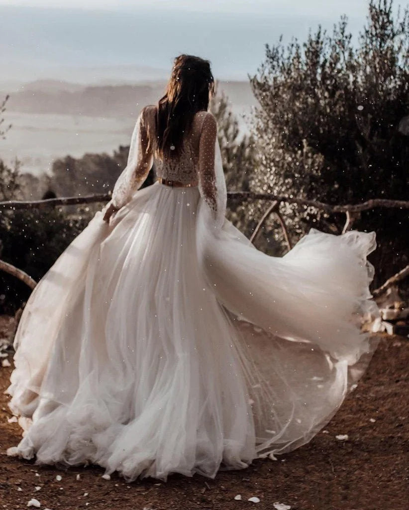 A Line Long Sleeves Ivory V Neck Beach Wedding Dresses with Lace Appliques