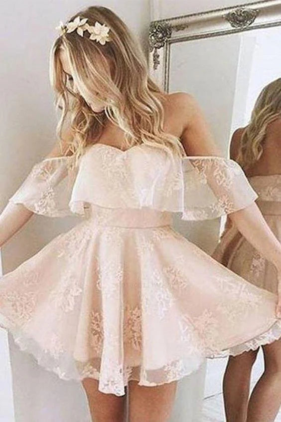 Vestidos de fiesta de bienvenida con escote en forma de A, de tul rosa, hombros descubiertos y escote corazón, por encima de la rodilla, con flores