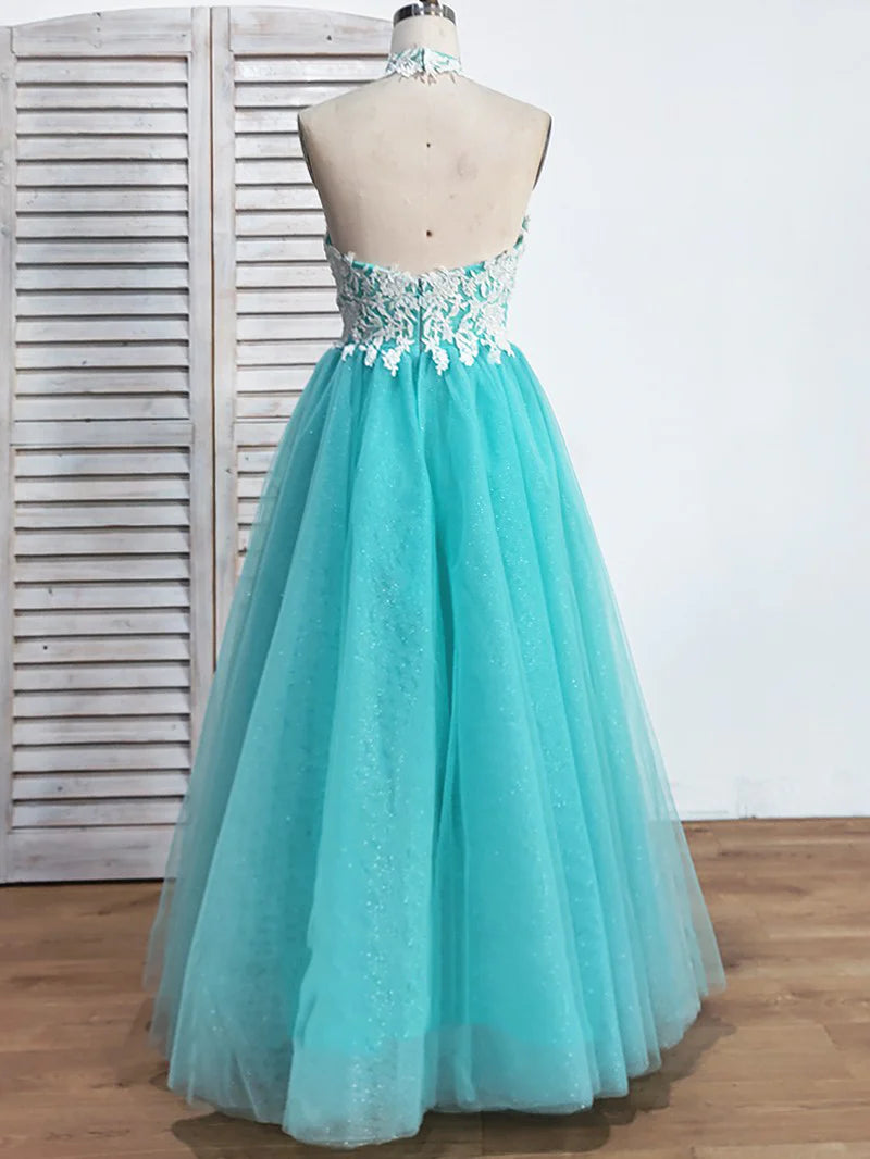 Vestidos de tul con encaje, sin mangas, corte princesa, halter y hasta el suelo