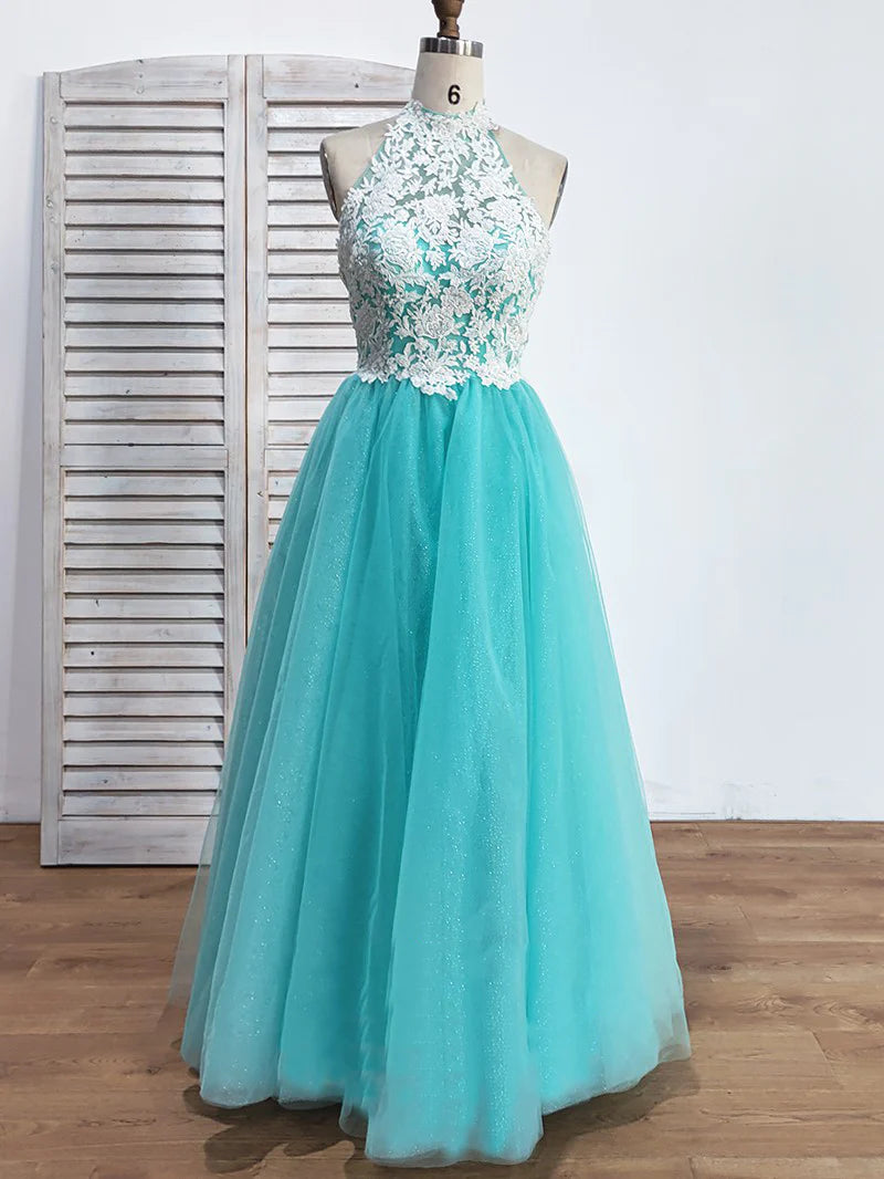 Vestidos de tul con encaje, sin mangas, corte princesa, halter y hasta el suelo