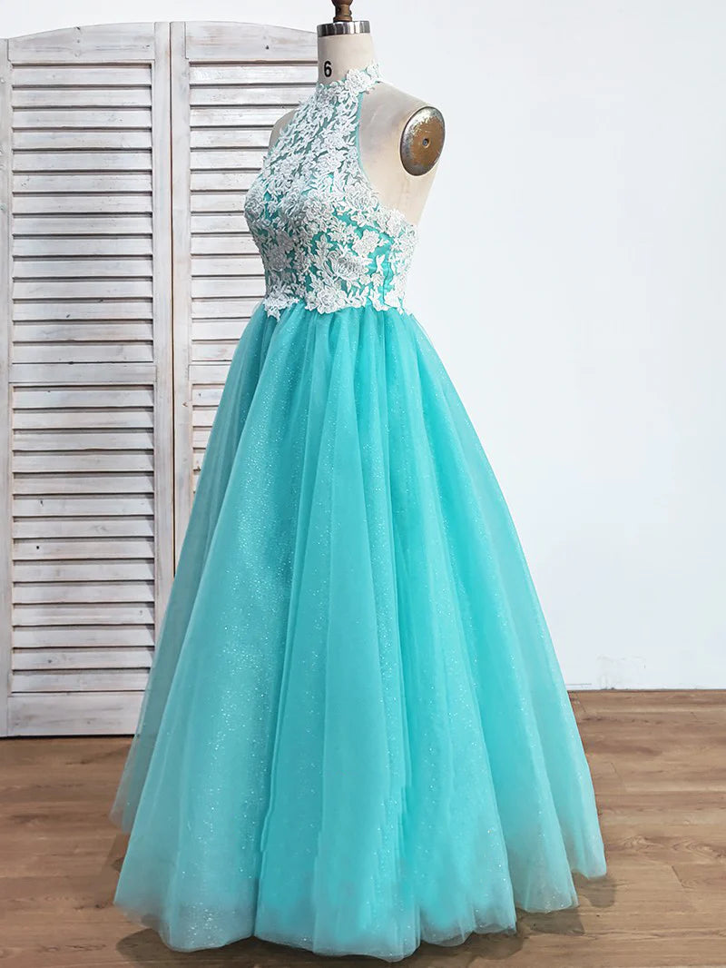 Vestidos de tul con encaje, sin mangas, corte princesa, halter y hasta el suelo