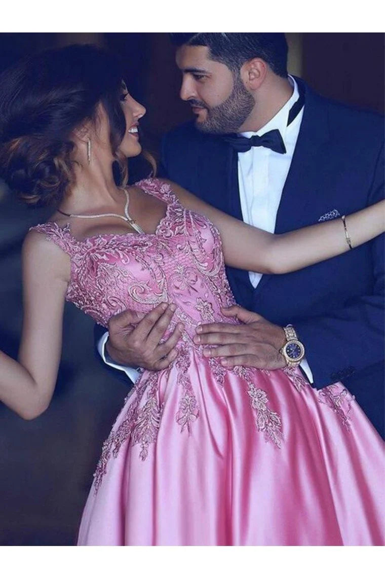 Vestidos de satén con apliques, corte princesa, escote corazón, sin mangas, cola larga