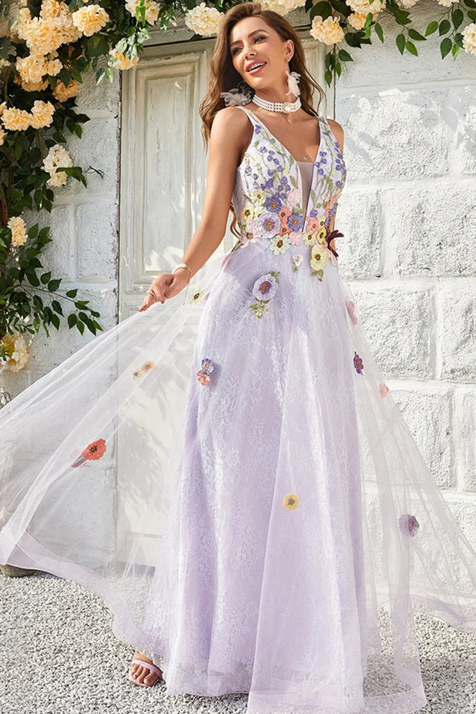 Vestidos de fiesta de tul con flores, escote en V, sin mangas y hasta el suelo