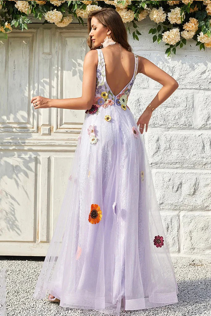 Vestidos de fiesta de tul con flores, escote en V, sin mangas y hasta el suelo