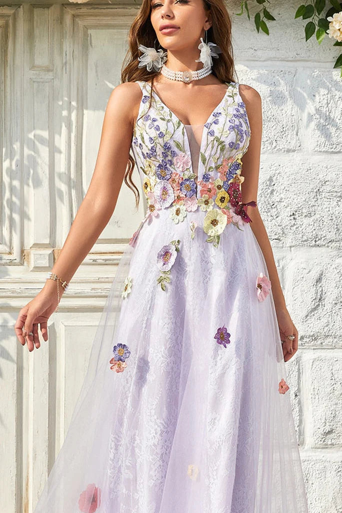 Vestidos de fiesta de tul con flores, escote en V, sin mangas y hasta el suelo