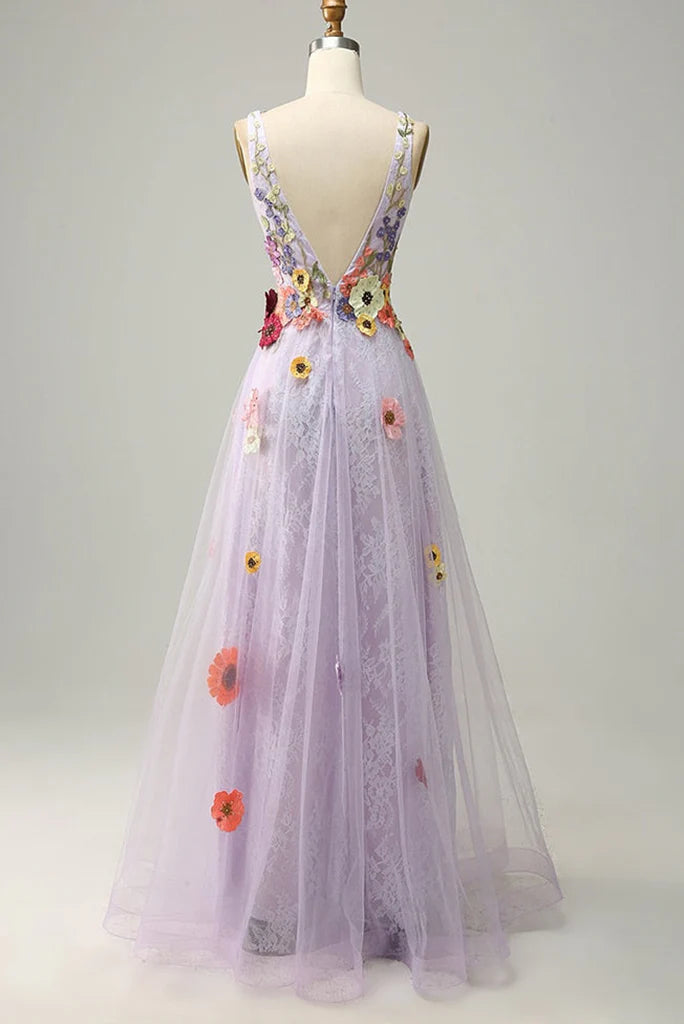 Vestidos de fiesta de tul con flores, escote en V, sin mangas y hasta el suelo