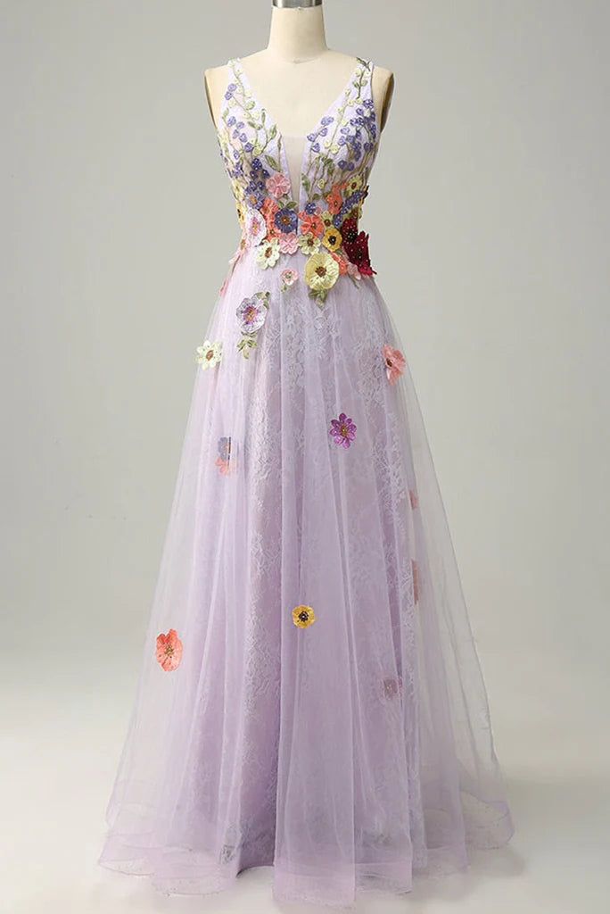 Vestidos de fiesta de tul con flores, escote en V, sin mangas y hasta el suelo