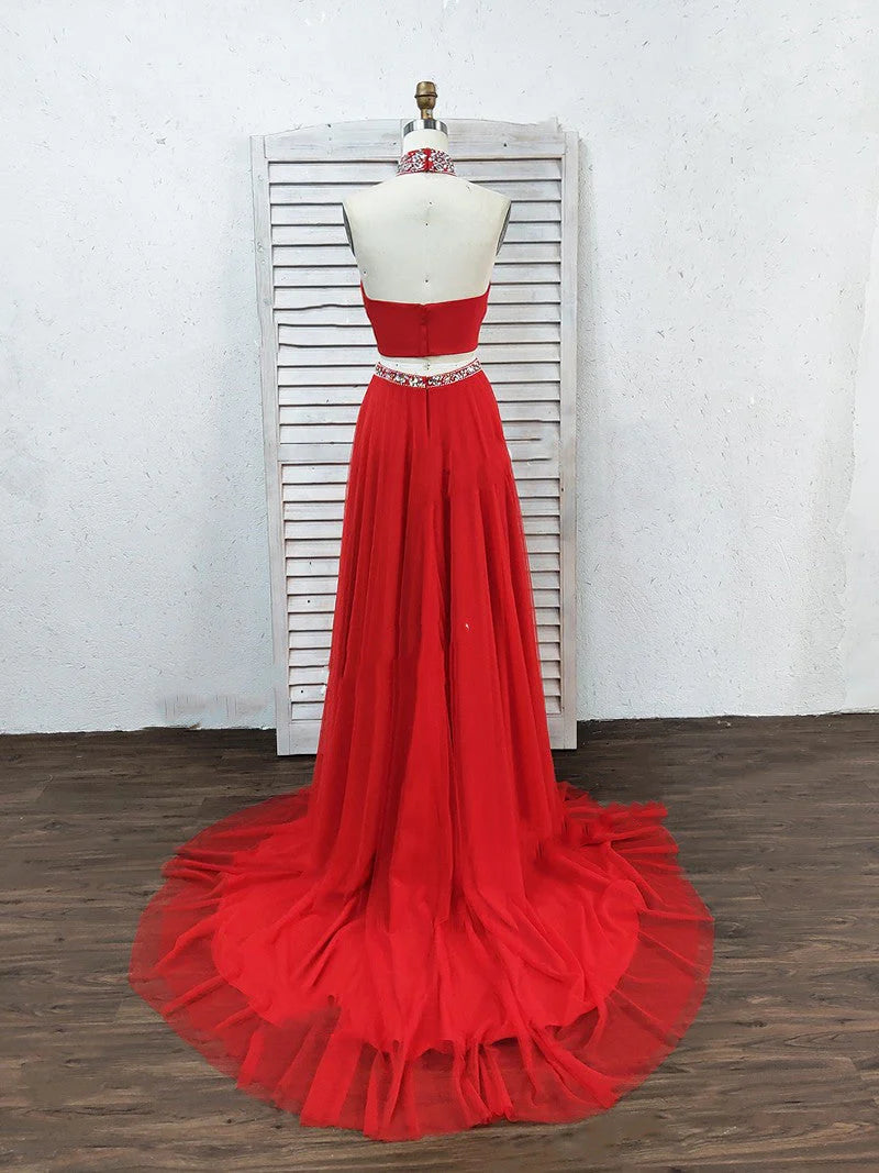 Vestido de fiesta largo de tul con abertura y cuello alto, corte A, rojo, de dos piezas, con escote en V y cuentas