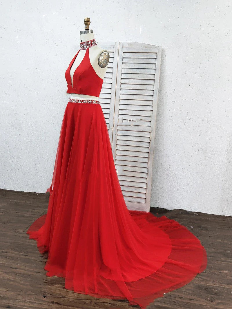 Vestido de fiesta largo de tul con abertura y cuello alto, corte A, rojo, de dos piezas, con escote en V y cuentas