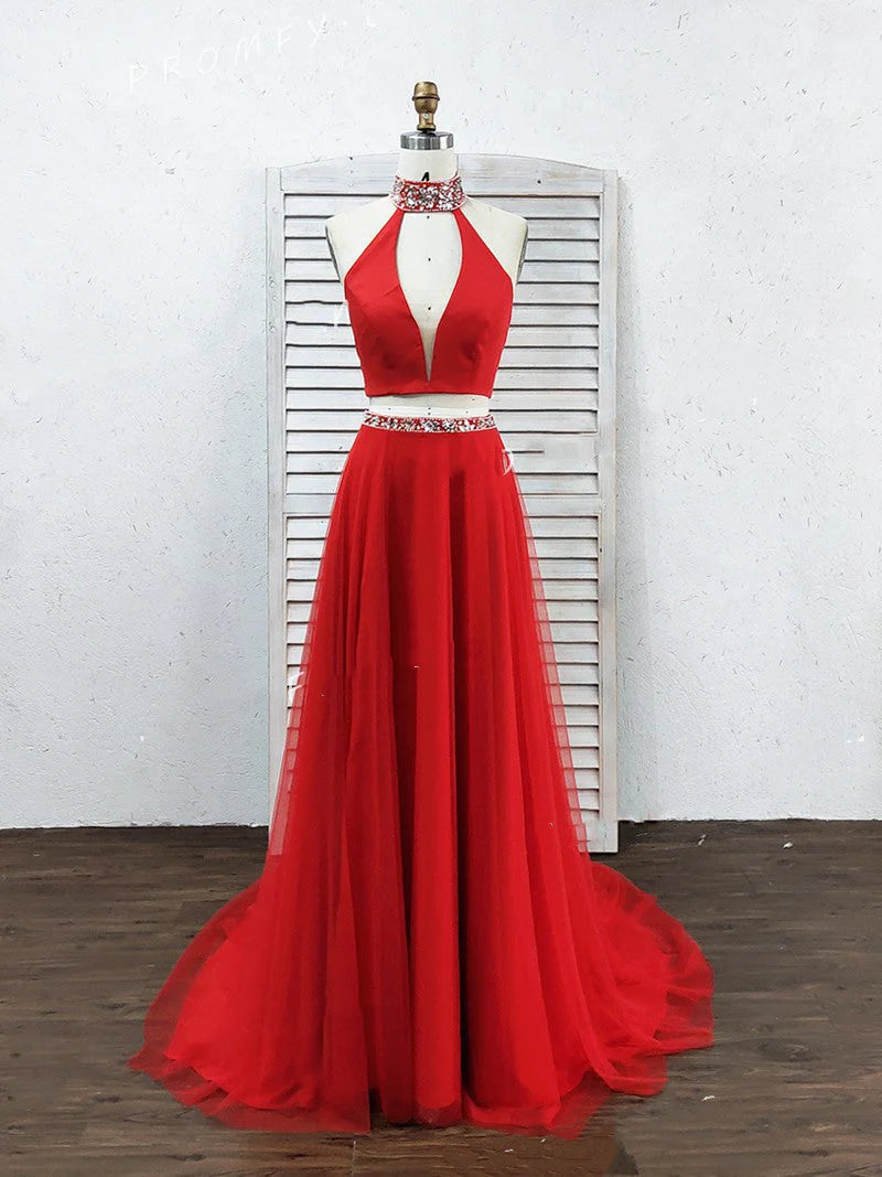 Vestido de fiesta largo de tul con abertura y cuello alto, corte A, rojo, de dos piezas, con escote en V y cuentas