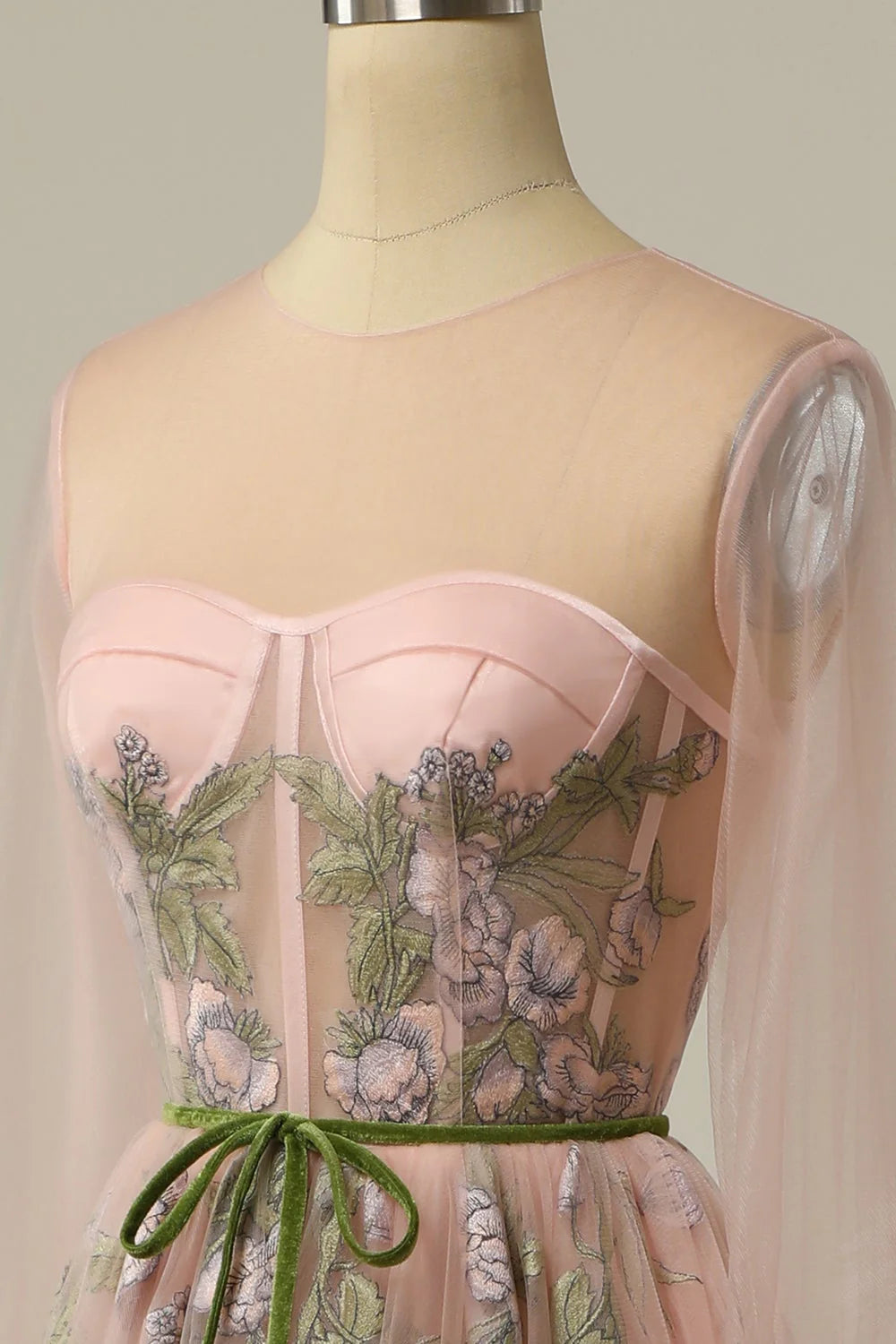 Vestidos de fiesta largos formales con corte en A, manga larga y bordado floral