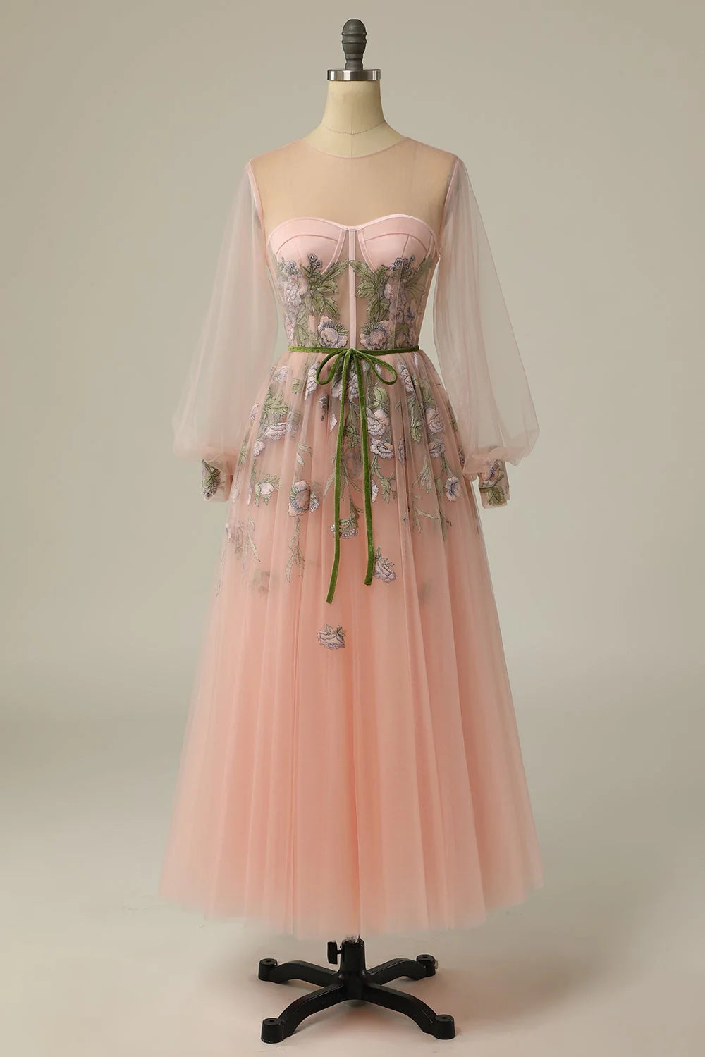 Vestidos de fiesta largos formales con corte en A, manga larga y bordado floral