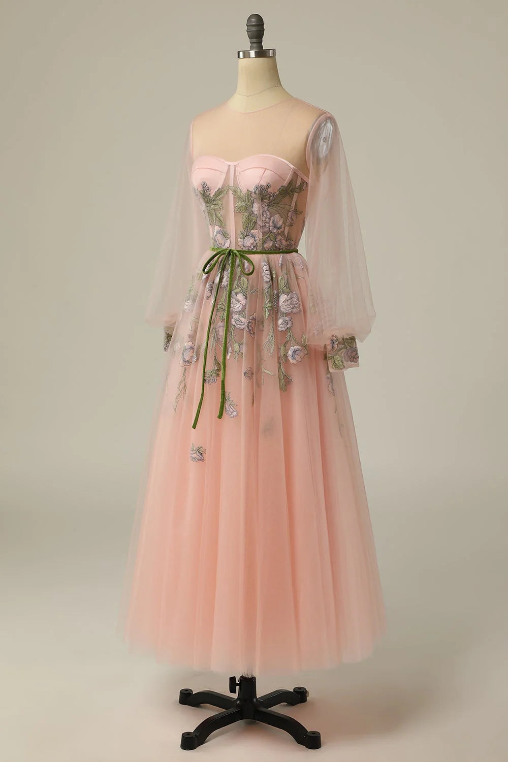 Vestidos de fiesta largos formales con corte en A, manga larga y bordado floral
