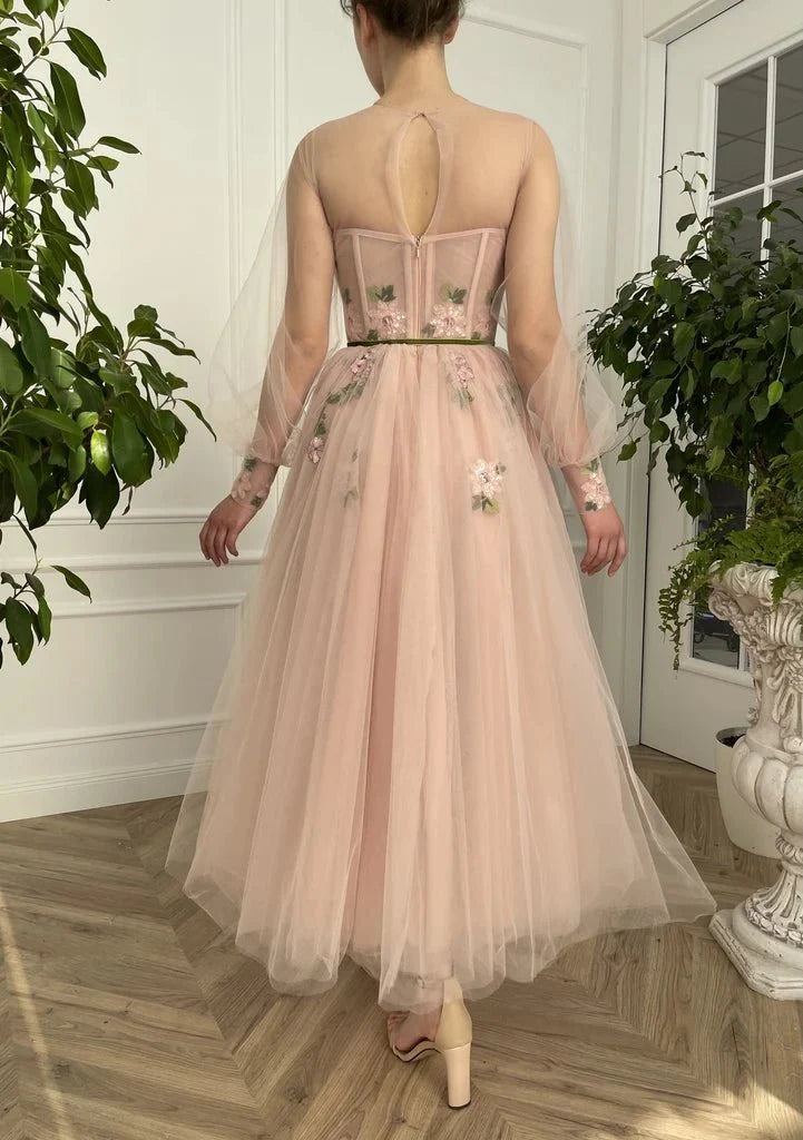 Vestidos de fiesta largos formales con corte en A, manga larga y bordado floral