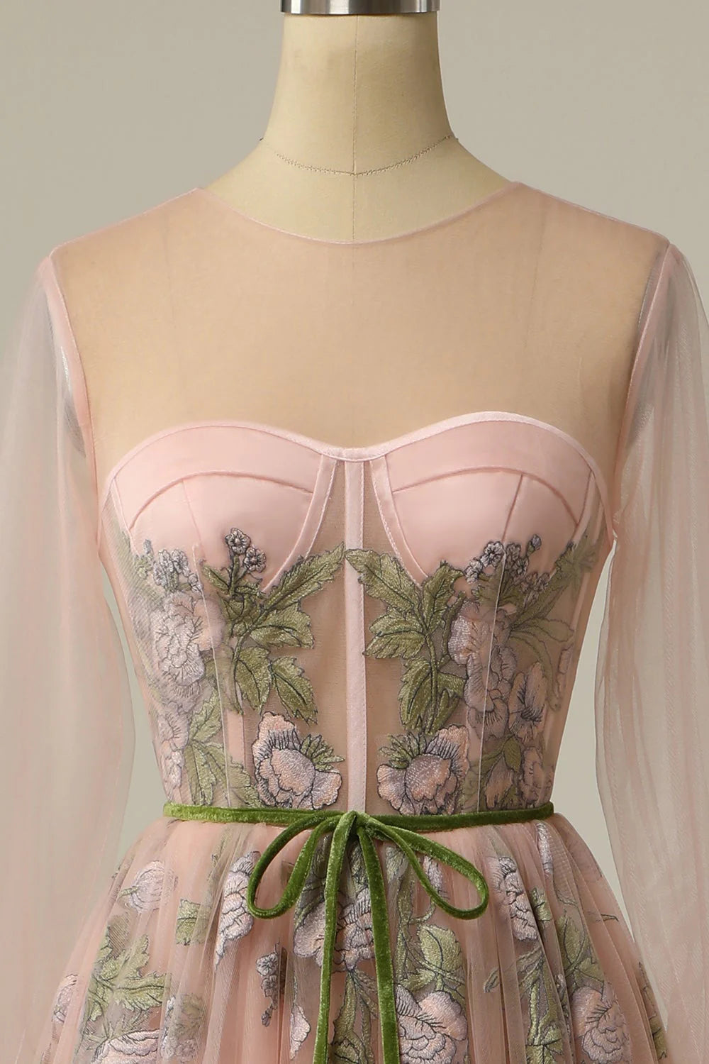 Vestidos de fiesta largos formales con corte en A, manga larga y bordado floral