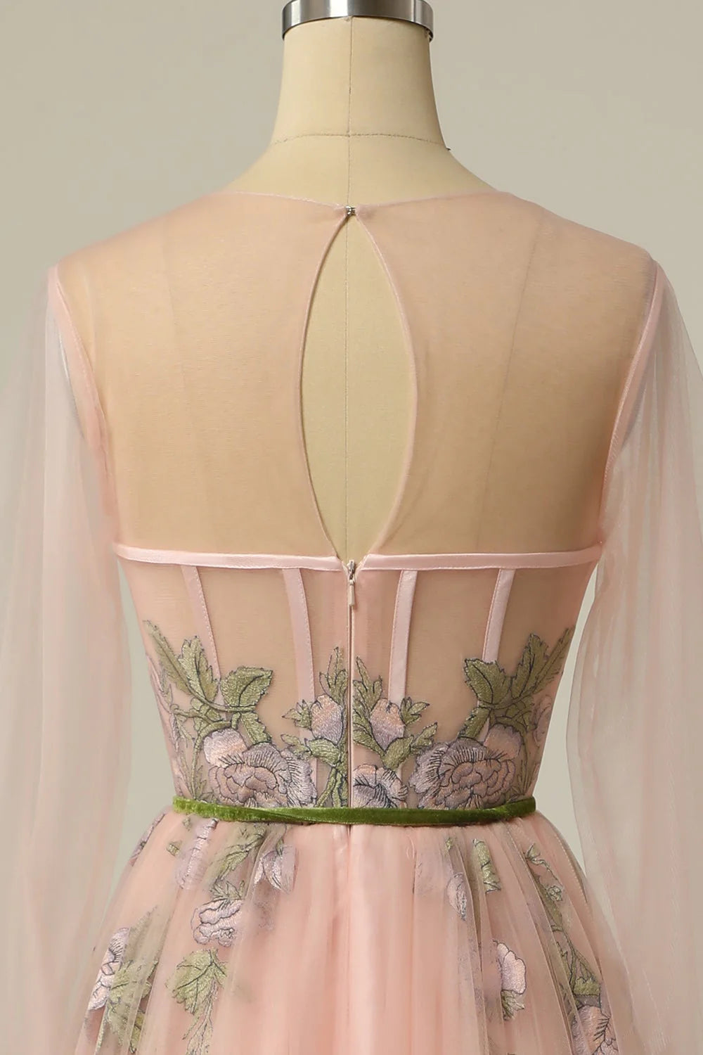 Vestidos de fiesta largos formales con corte en A, manga larga y bordado floral