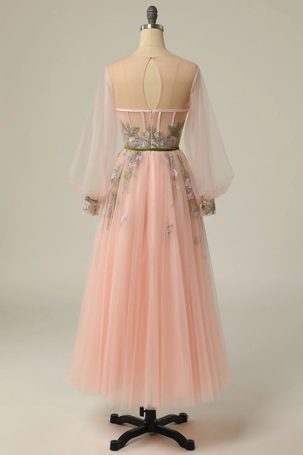 Vestidos de fiesta largos formales con corte en A, manga larga y bordado floral