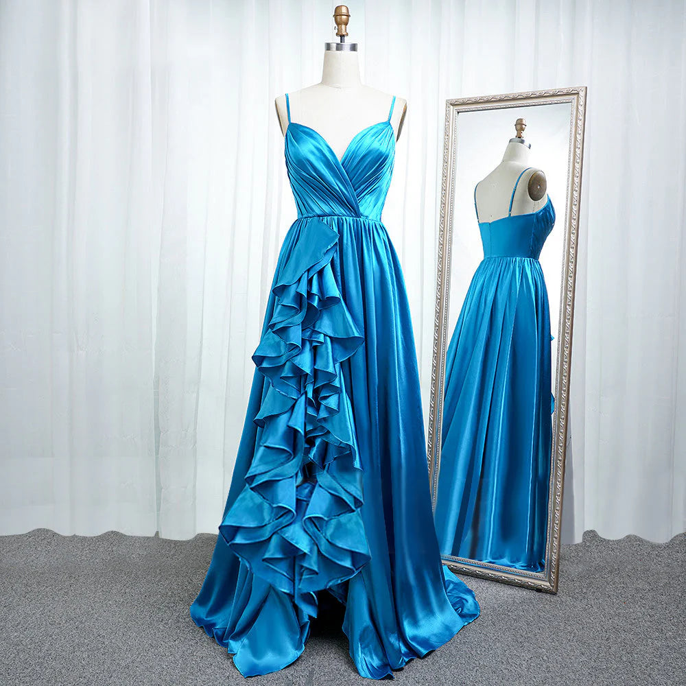 Vestidos de fiesta de satén elástico con tirantes finos, corte A, abertura y volantes