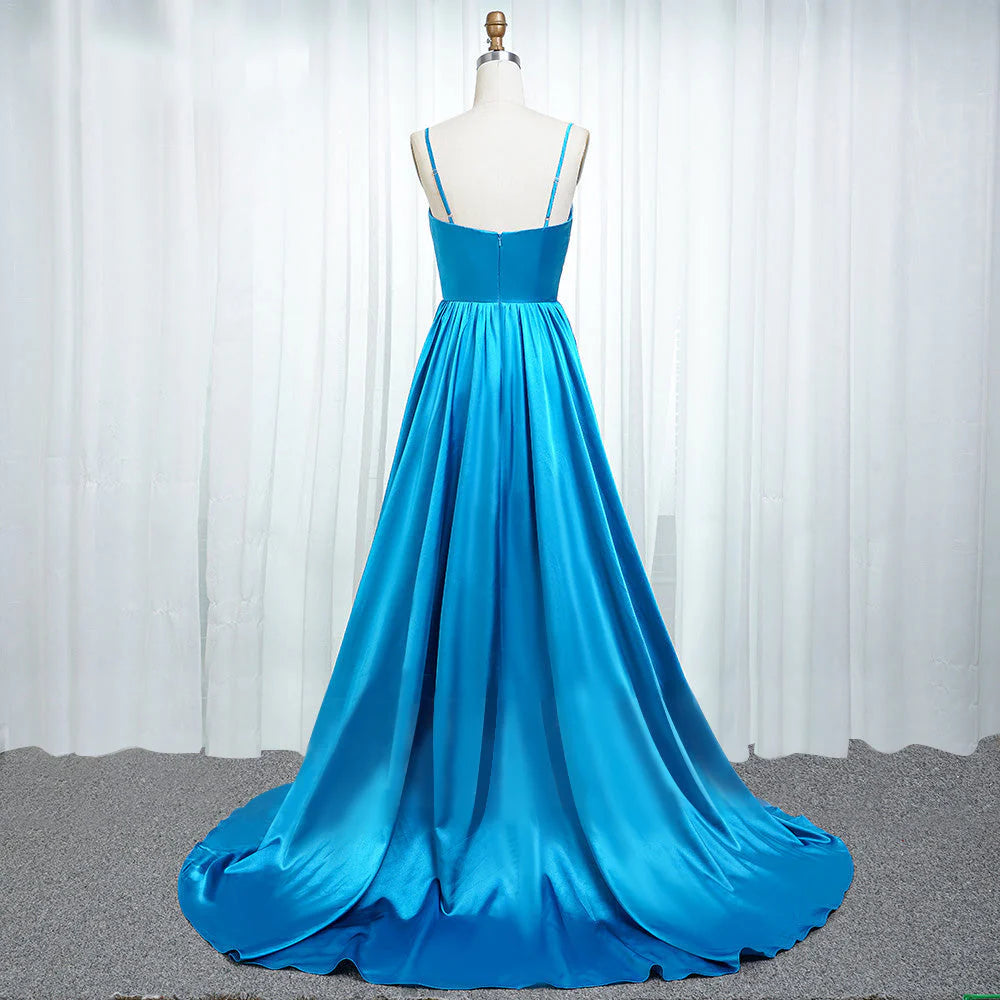 Vestidos de fiesta de satén elástico con tirantes finos, corte A, abertura y volantes